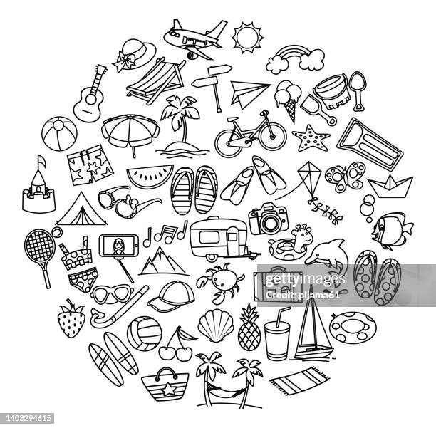 summer icon black thin line set - day off cartoon stock illustrations