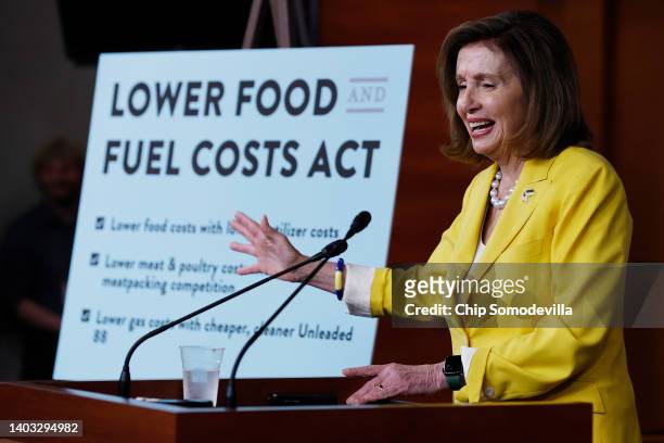 Speaker of the House Nancy Pelosi talks to reporters during her weekly news conference in the U.S. Capitol Visitors Center on June 16, 2022 in...