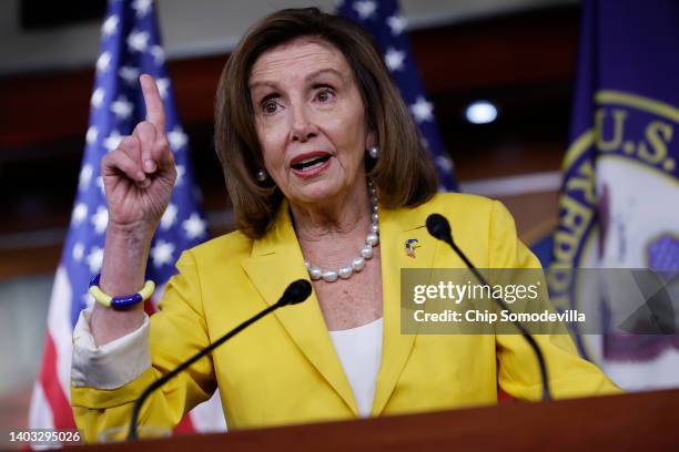 Speaker of the House Nancy Pelosi talks to reporters during her weekly news conference in the U.S. Capitol Visitors Center on June 16, 2022 in...