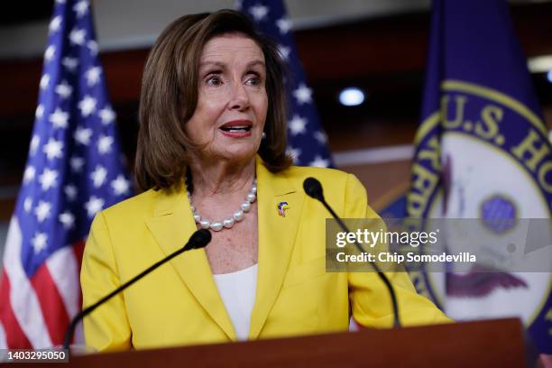 Speaker of the House Nancy Pelosi talks to reporters during her weekly news conference in the U.S. Capitol Visitors Center on June 16, 2022 in...