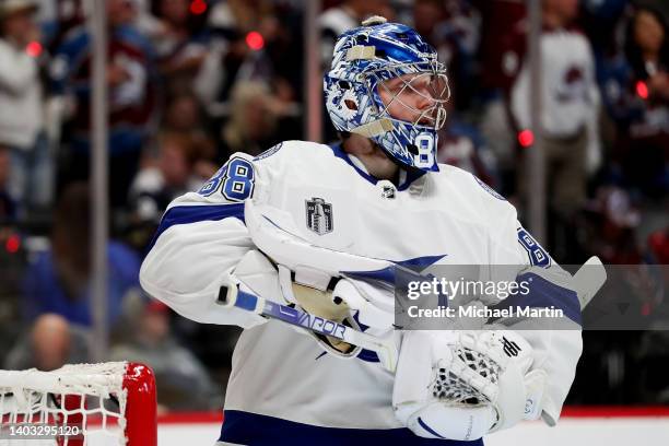 Goaltender Andrei Vasilevskiy of the Tampa Bay Lightning takes to the ice prior to the third period against the Colorado Avalanche in Game One of the...