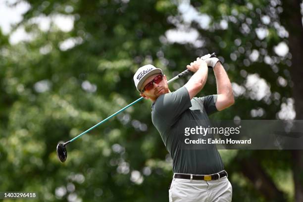 Anders Albertson plays his shot from the second tee during the third round of the BMW Charity Pro-Am at Thornblade Club on June 11, 2022 in Greer,...