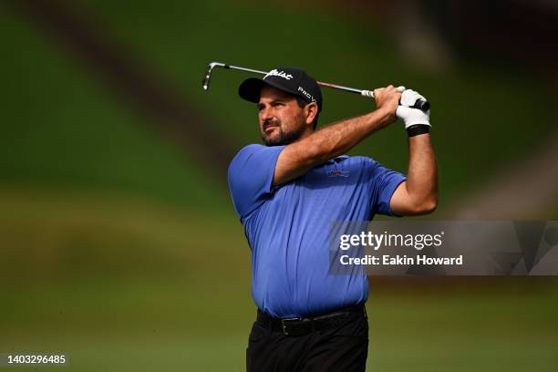 Roberto Díaz of Mexico plays his second shot of the first hole during the third round of the BMW Charity Pro-Am at Thornblade Club on June 11, 2022...