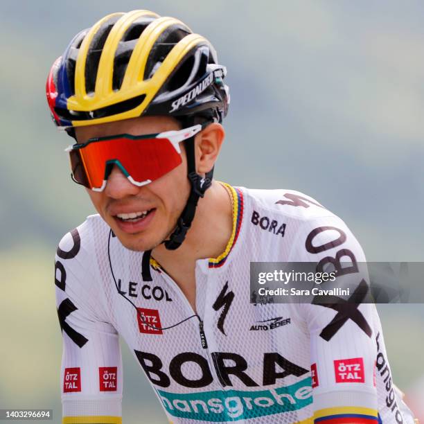 Sergio Andres Higuita Garcia of Colombia and Team Bora - Hansgrohe looks on prior to the start of the 85th Tour de Suisse 2022 - Stage 5 a 190.1 km...