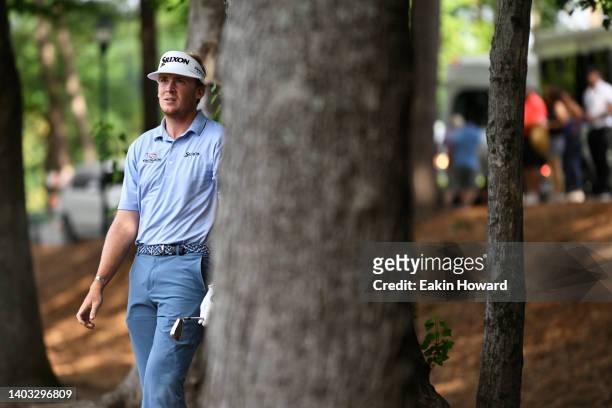 Jonathan Brightwell watches his second shot of the first hole during the third round of the BMW Charity Pro-Am at Thornblade Club on June 11, 2022 in...