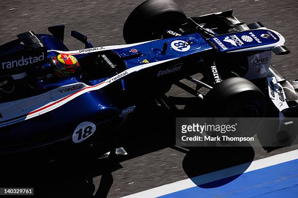 Pastor Maldonado of Venezuela and Williams drives during day two of Formula One winter testing at the Circuit de Catalunya on March 2, 2012 in...