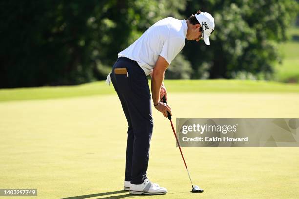 Nicolas Echavarria of Colombia putts on the 18th green during the third round of the BMW Charity Pro-Am at Thornblade Club on June 11, 2022 in Greer,...