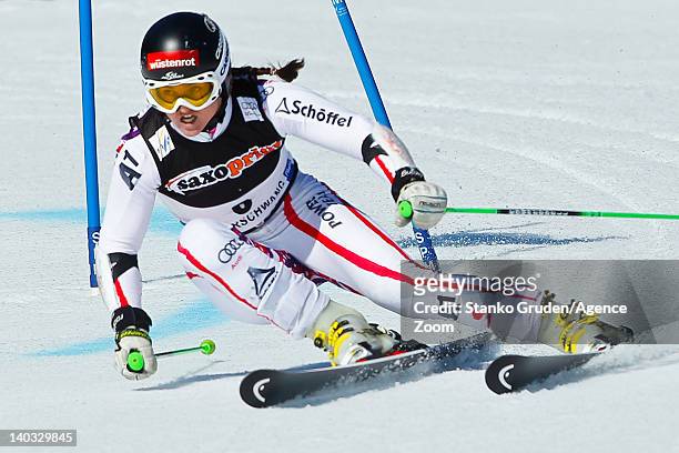 Elisabeth Goergl of Austria takes 3dr place during the Audi FIS Alpine Ski World Cup Women's Giant Slalom on March 2, 2012 in Ofterschwang, Germany.