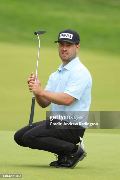 David Lingmerth of Sweden reacts on the ninth green during round one of the 122nd U.S. Open Championship at The Country Club on June 16, 2022 in...