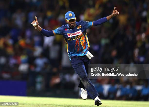 Dasun Shanaka of Sri Lanka celebrates after dismissing Glenn Maxwell of Australia during the 2nd match in the ODI series between Sri Lanka and...