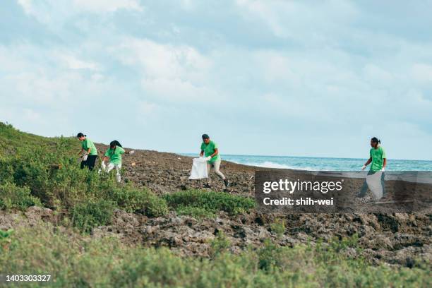 community volunteer groups on the beach - global charity initiative stock pictures, royalty-free photos & images