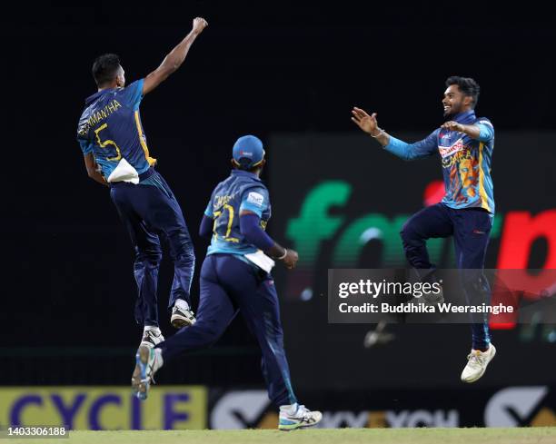 Dushmantha Chameera of Sri Lanka celebrates with a teammate after winning the match, series is 1-1 during the 2nd match in the ODI series between Sri...