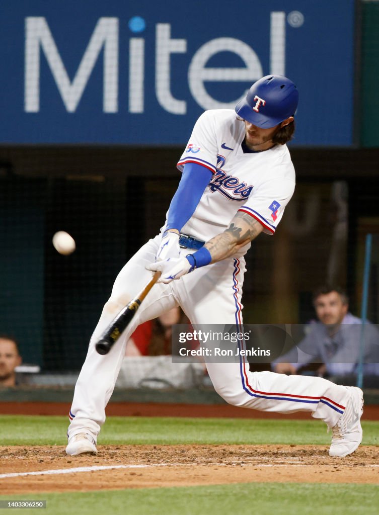 Texas Ranger Heim Jonah Heim of the Texas Rangers bats against the Houston Astros at ...