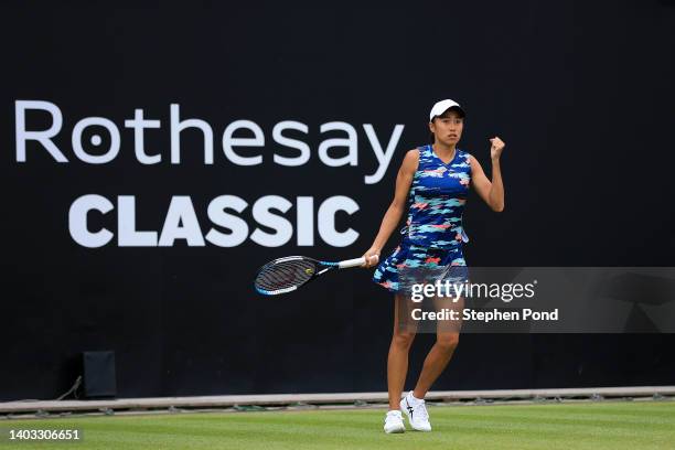 Shuai Zhang of China celebrates match point against Elena-Gabriela Ruse of Romania during the singles round of 16 match on Day Six of the Rothesay...