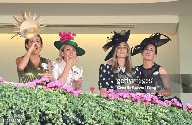 Natalie Pinkham, Zara Tindall, Anna Woolhouse and Kirsty Gallacher watch the racing from the Royal box on day 3 of Royal Ascot at Ascot Racecourse on...