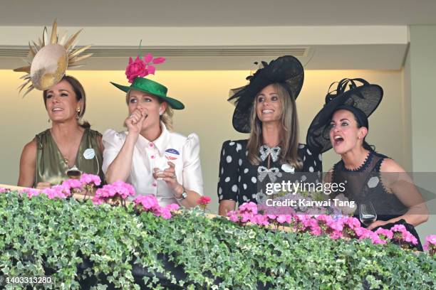 Natalie Pinkham, Zara Tindall, Anna Woolhouse and Kirsty Gallacher watch the racing from the Royal box on day 3 of Royal Ascot at Ascot Racecourse on...