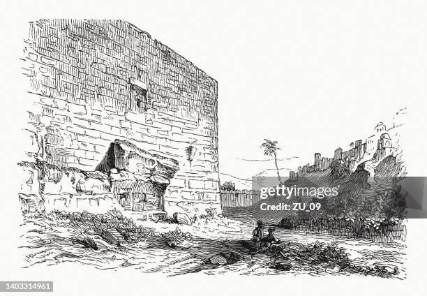 robinson's arch in jerusalem, israel, wood engraving, published in 1891 - wailing wall stock illustrations