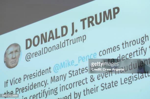 Tweet from former President Donald Trump is displayed during the third hearing of the House Select Committee to Investigate the January 6th Attack on...