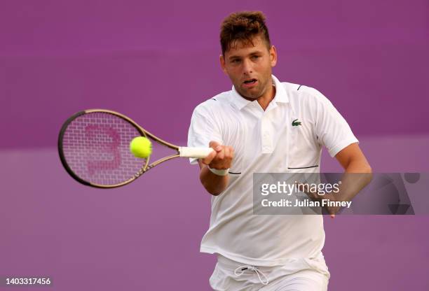Filip Krajinovic of Serbia plays a forehand against Sam Querrey of The United States during the Men's Singles Second Round match on day four of the...