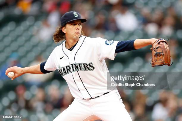 Logan Gilbert of the Seattle Mariners pitches during the first inning against the Minnesota Twins at T-Mobile Park on June 14, 2022 in Seattle,...