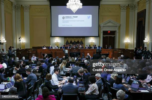 Tweet by former President Donald Trump is displayed during the third hearing of the House Select Committee to Investigate the January 6th Attack on...