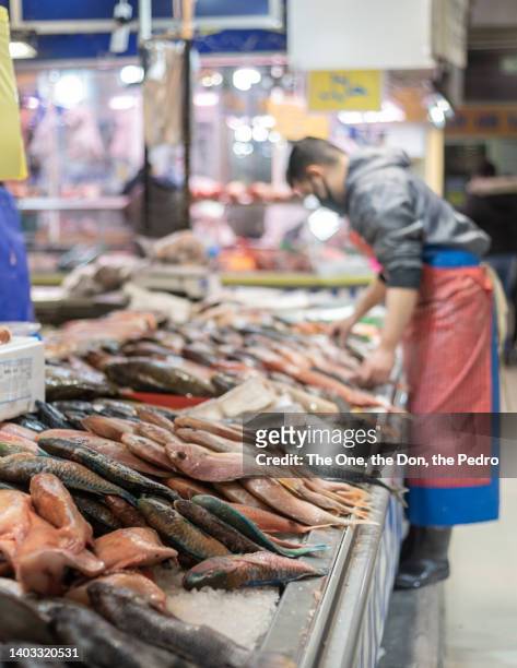 indoor fish market - viswinkel stockfoto's en -beelden