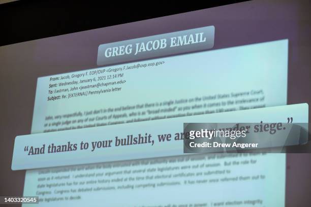 An email from Greg Jacob, former counsel to Vice President Mike Pence, is displayed as he testifies before the House Select Committee to Investigate...