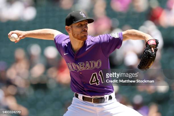 Starting pitcher Chad Kuhl of the Colorado Rockies throws against the Cleveland Guardians in the first inning at Coors Field on June 16, 2022 in...