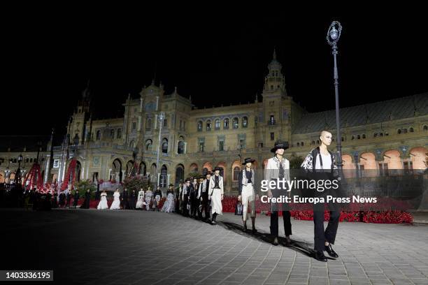 Model parades a dress from the Cruise 2023 collection of French fashion house Dior at the Plaza de España, on June 16 in Seville .