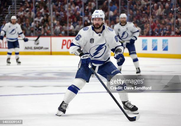 Nikita Kucherov of the Tampa Bay Lightning skates on the forecheck against the Colorado Avalanche in the second period of Game One of the 2022...