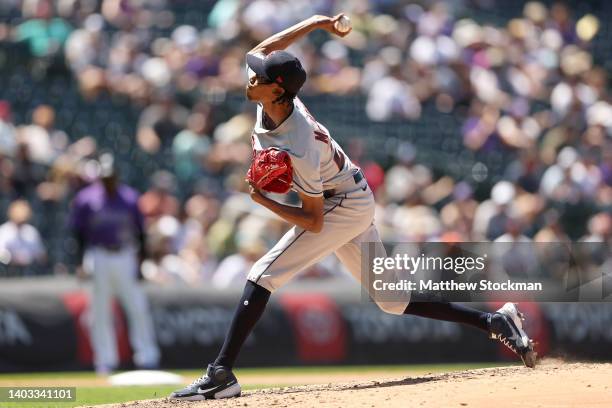 Starting pitcher Triston McKenzie of the Cleveland Guardians throws against the Colorado Rockies in the fifth inning at Coors Field on June 16, 2022...