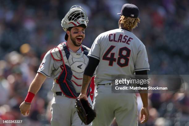 Catcher Austin Hedges and pitcher Emmanuel Clase of the Cleveland Guardians celebrates their win against the Colorado Rockies at Coors Field on June...