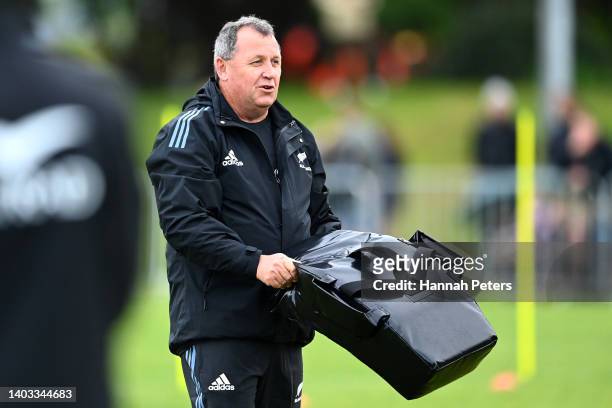 Head coach Ian Foster runs through drills during a New Zealand All Blacks training session at Blake Park on June 17, 2022 in Mount Maunganui, New...