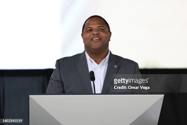 Mayor of Dallas Eric Johnson speaks during the FIFA World Cup 2026 Host City Announcement at the AT&T Discovery District on June 16, 2022 in Dallas,...