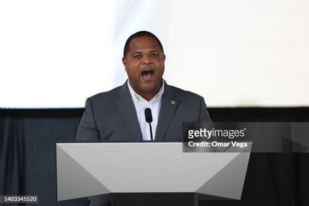 Mayor of Dallas Eric Johnson speaks during the FIFA World Cup 2026 Host City Announcement at the AT&T Discovery District on June 16, 2022 in Dallas,...