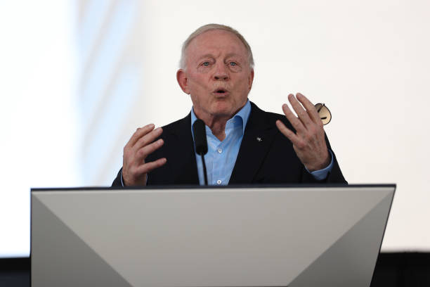 Owner and President of Dallas Cowboys Jerry Jones speaks during the FIFA World Cup 2026 Host City Announcement at the AT&T Discovery District on June...