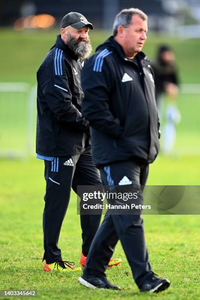 Head coach Ian Foster runs through drills during a New Zealand All Blacks training session at Blake Park on June 17, 2022 in Mount Maunganui, New...