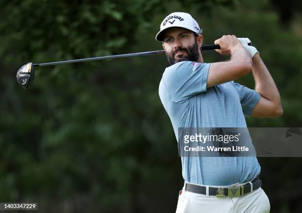 Adam Hadwin of Canada plays his shot from the 17th tee during round one of the 122nd U.S. Open Championship at The Country Club on June 16, 2022 in...