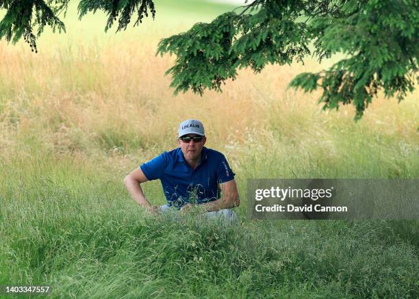 Jonas Blixt of Sweden plays his second shot on the eighth hole during the first round of the 2022 U.S.Open Championship at The Country Club on June...