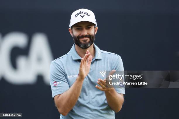 Adam Hadwin of Canada reacts on the ninth green during round one of the 122nd U.S. Open Championship at The Country Club on June 16, 2022 in...