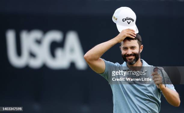 Adam Hadwin of Canada reacts on the ninth green during round one of the 122nd U.S. Open Championship at The Country Club on June 16, 2022 in...