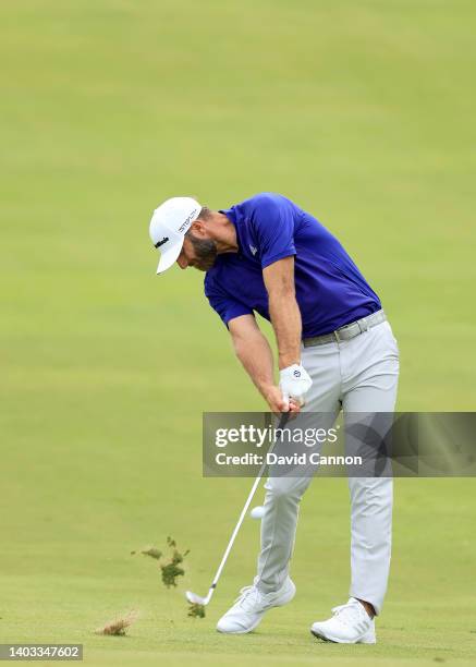 Dustin Johnson of The United States plays his second shot on the eighth hole during the first round of the 2022 U.S.Open Championship at The Country...