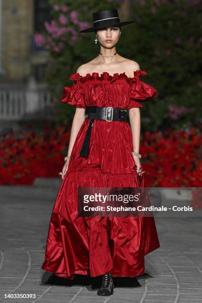 Model walks the runway during the Dior "Crucero Collection" fashion show by Christian Dior at Plaza de España on June 16, 2022 in Seville, Spain.