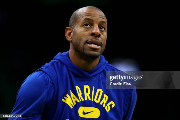 Andre Iguodala of the Golden State Warriors warms up prior to Game Six of the 2022 NBA Finals \ahat TD Garden on June 16, 2022 in Boston,...