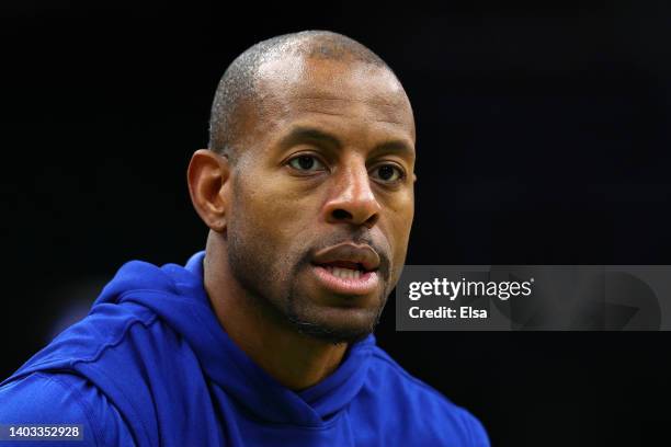 Andre Iguodala of the Golden State Warriors warms up prior to Game Six of the 2022 NBA Finals \ahat TD Garden on June 16, 2022 in Boston,...