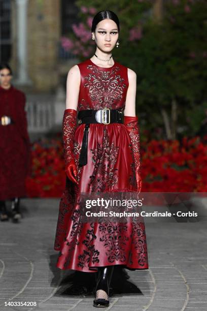 Model walks the runway during the Dior "Crucero Collection" fashion show by Christian Dior at Plaza de España on June 16, 2022 in Seville, Spain.