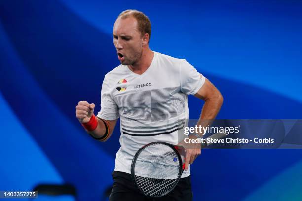 Steve Darcis of Belgium reacts to winning a point in the game against Cameron Norrie of Britain during day three of the 2020 ATP Cup at Ken Rosewall...