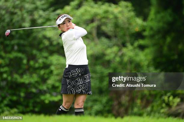 Chie Arimura of Japan hits her tee shot on the 2nd hole during the first round of Nichirei Ladies at Sodegaura Country Club Shinsode Course on June...