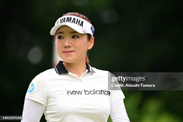 Chie Arimura of Japan smiles on the 2nd hole during the first round of Nichirei Ladies at Sodegaura Country Club Shinsode Course on June 17, 2022 in...