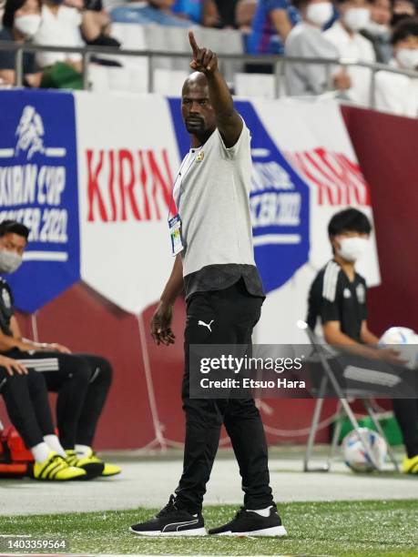 Ghana head coach Nana Otto Addo gestures during the international friendly match between Japan and Ghana at Noevir Stadium Kobe on June 10, 2022 in...